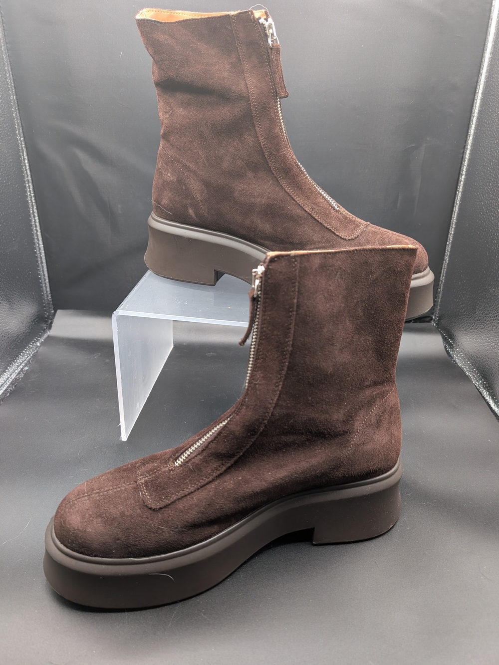 Brown Suede Front-Zip Platform Ankle Boots